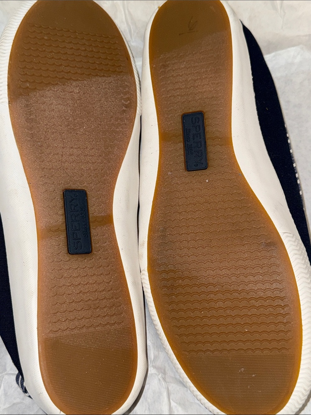 Sperry Navy Blue Striped Canvas Boat Shoes with Tan Laces - Picture 6 of 7